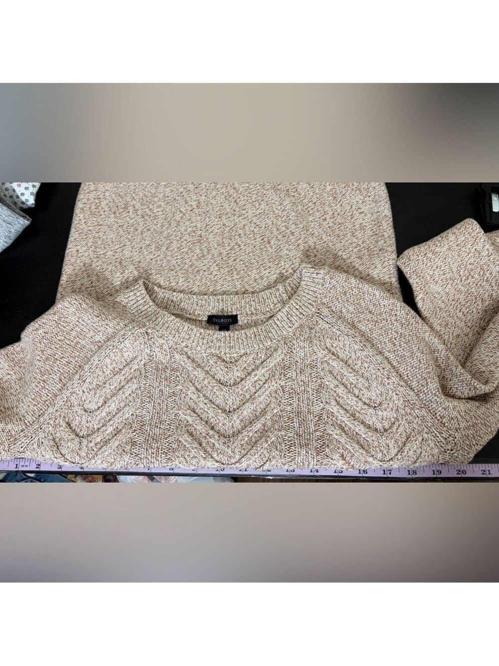 Talbots Marled Beige Chevron Cable Knit Crewneck Sweater Size XS - Picture 5 of 5